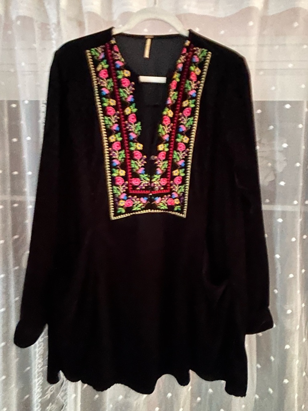 Free People Black Tunic with Multicolor Embroidered V-Neck